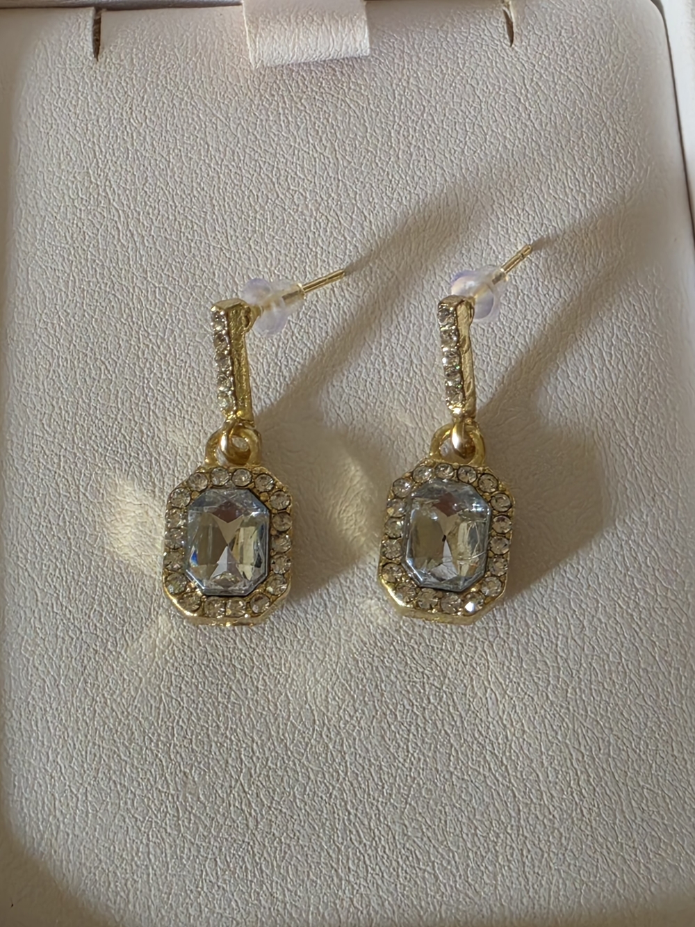 Gold Crystal Drop Earrings - Clear Stones